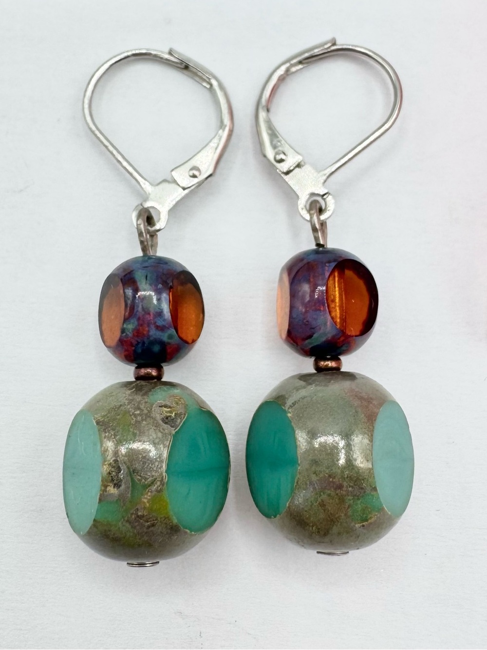 Czech Cut Glass Bead Dangle Earrings Shades Of Turquoise And Amber Artsy Boho
